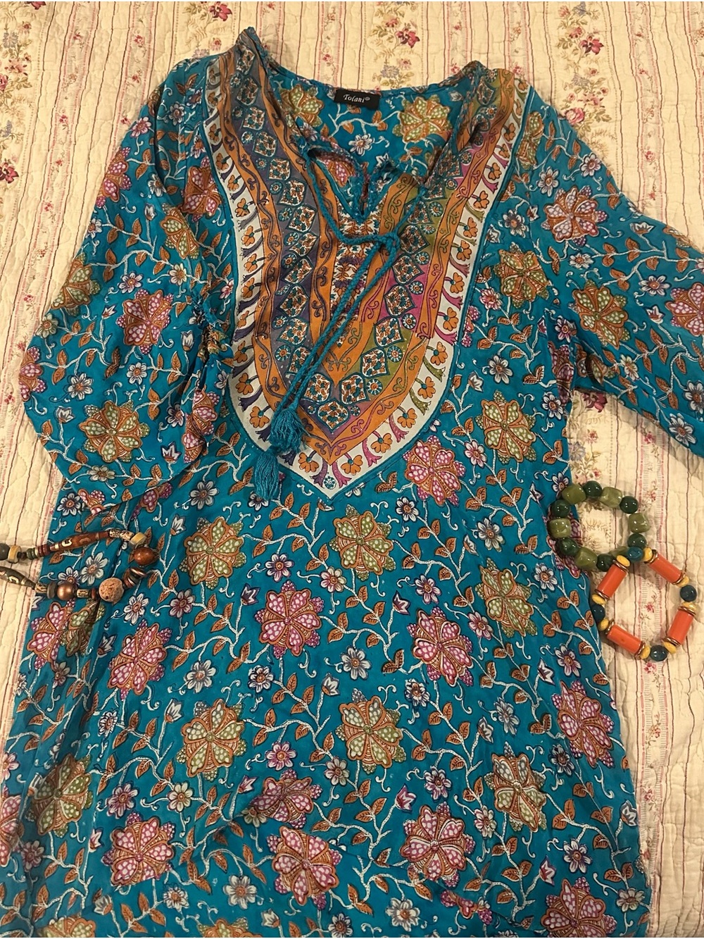 Tolani Silk Tunic Top Blue Floral Elephant Indian Boho Festival Women’s S/M SM